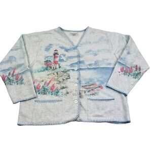 Artisans Sunschein Designs Vintage Lighthouse Boats Beach Cardigan Women's L